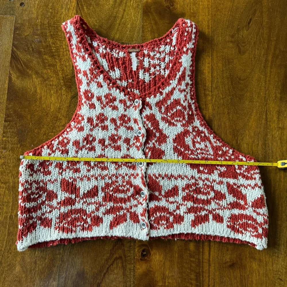Free People Red and Cream Rose Knit Crop Tank
